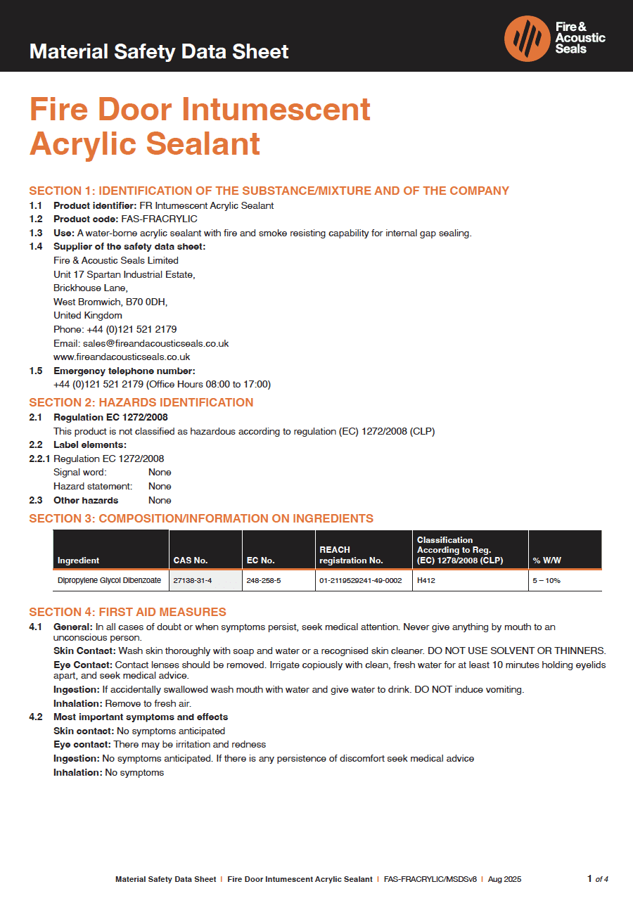 FAS Fire Door Intumescent Acrylic Sealant Material Safety Data Sheet ...